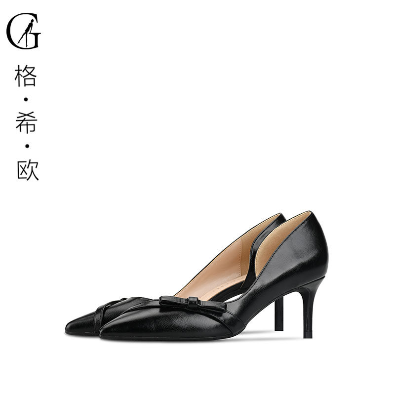 goxeou/格希欧新款欧美尖头细跟侧空高跟鞋性感哑光蝴蝶结女鞋