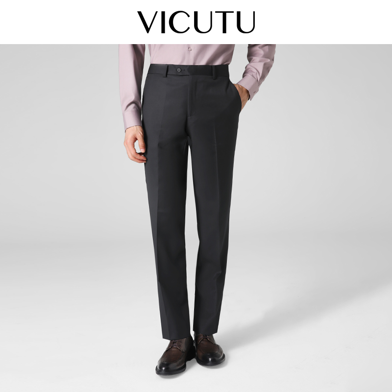 威可多纯羊毛直筒宽松正装西服裤