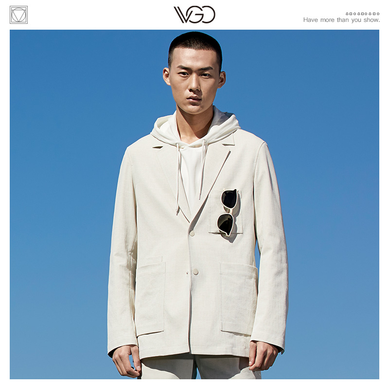 VGO休闲西服男士白色帅气通勤上班外形西服上衣休闲外套 断码清仓