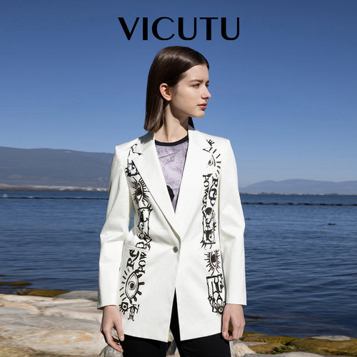 女士时尚印花白色休闲西服VICUTU