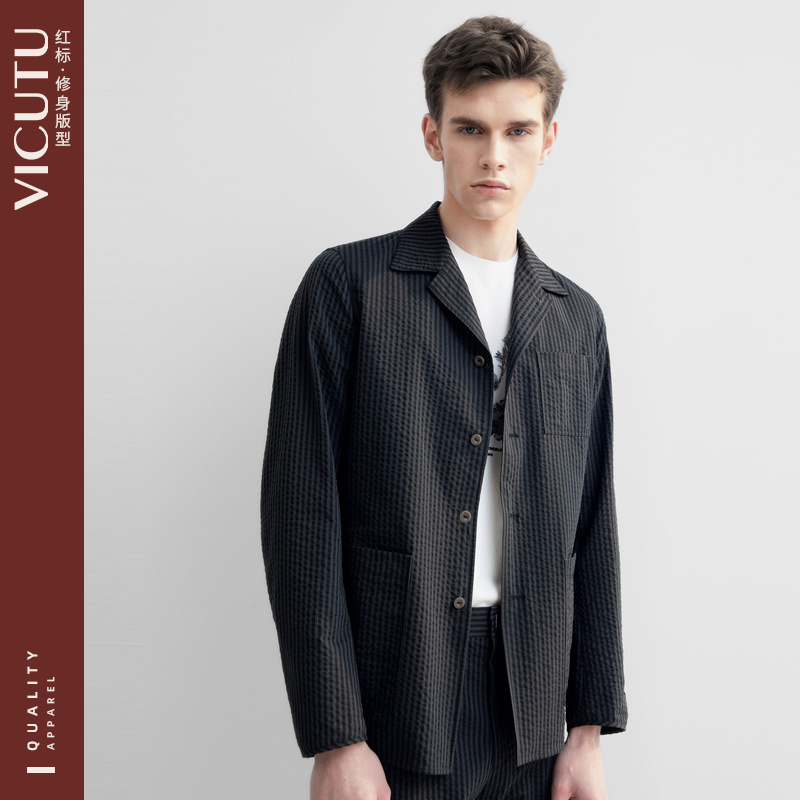 泡泡纱休闲正装撞色条纹外套