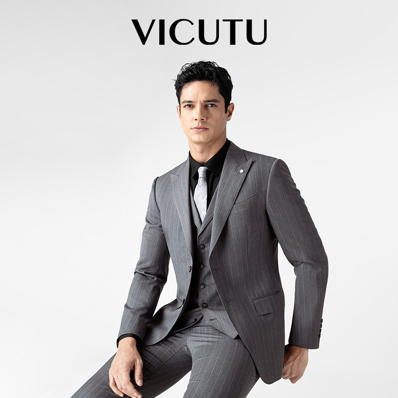 【蓝V西服】威可多西服外套男士VBC羊毛面料结婚条纹商务职业西装