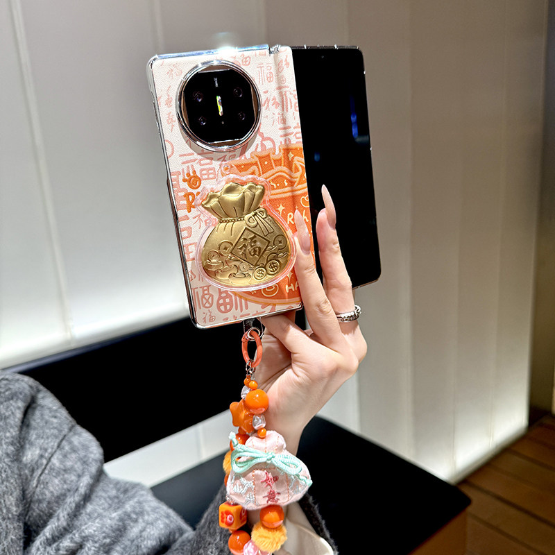 创意橙色福袋适用华为matex7手机壳折叠屏电镀新款matax6典藏版外壳metex5套中轴保护高端皮纹metax3支架女款