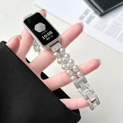 适用华为手环10表带珍珠表链华为9腕带band8女士7夏天6pro替换手表带高级感荣耀手环10/9表带时尚手表链表壳