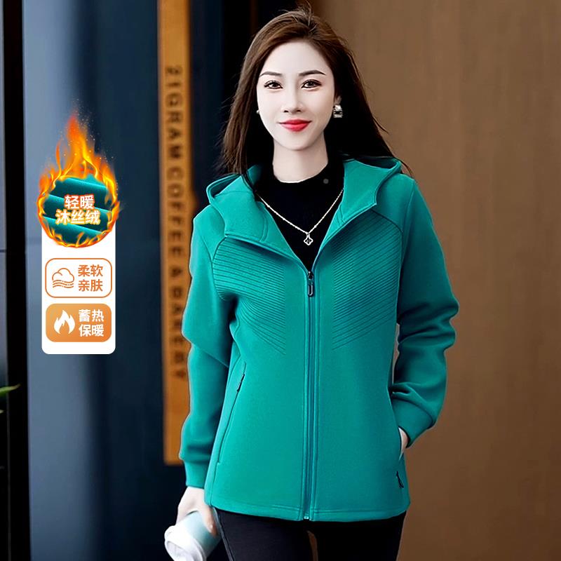 秋薄款加绒外套女质卫新款气减冬龄纯色连帽8445426衣慵懒风运动