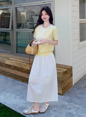 奶黄色法式温柔风拼腰色短裙袖D122-282套装女款高半身新两件套夏