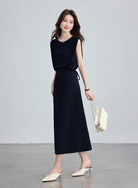 高通端夏款简约圆领无袖假两件雅连衣裙女蓝色年优ZZI5729R勤干练