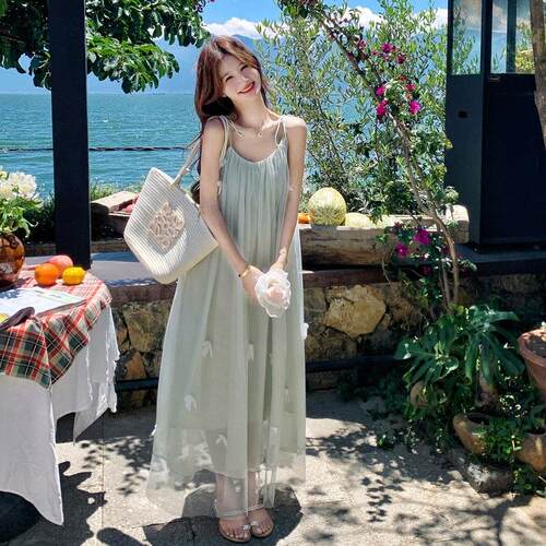 绿森色系衣轻氧度假风连裙新款夏日法式c182-669吊高级感立体蝴蝶