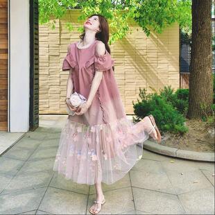 粉色绝牛仔法渐变连衣裙女夏季新款式美氛围感C021-278网纱拼接花