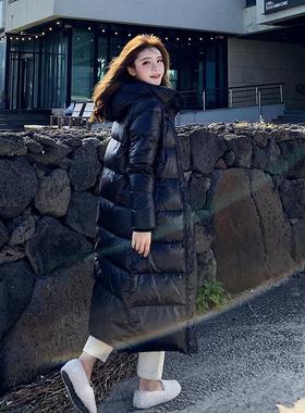 正松47-20609品白绒新款黑色羽绒棉服中长款过膝加厚衣冬宽女亮面