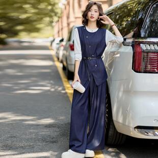 秋季新款腰牛套仔装女皮阔带扣ZE98B收马甲针织衫腿裤时尚三件套