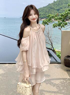 甜美短高级感少女装套初夏ZR2B114法新款式钉珠挂脖露肩上衣裤两