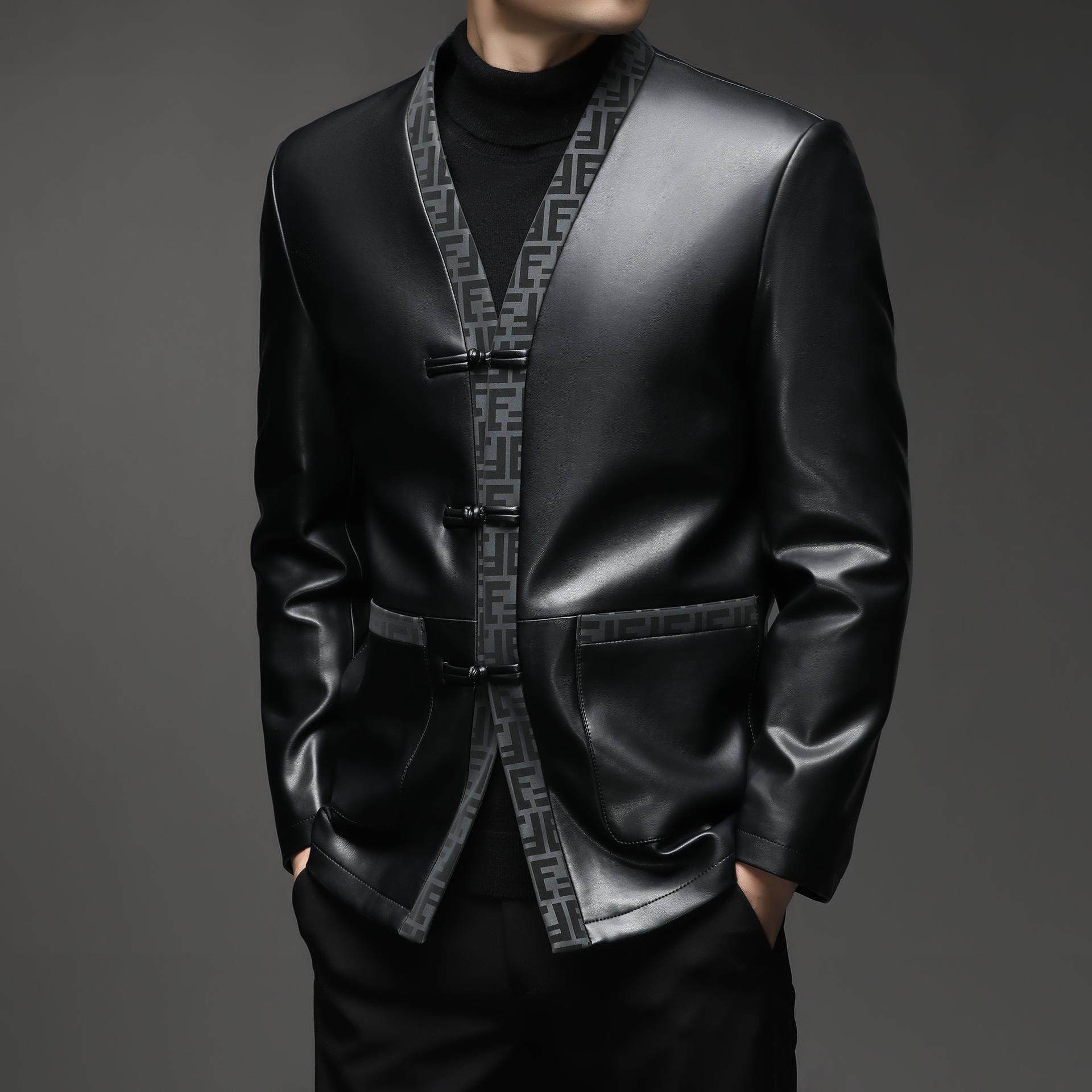 新中男衣9255-C士绵加绒皮衣冬装新款中年式休闲复古盘扣羊皮大外,男装,皮衣,淘宝优惠券,粉丝福利购,淘宝优惠卷