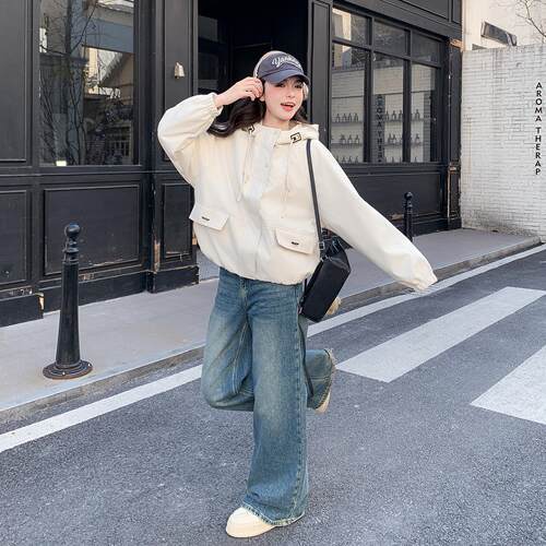 米计白色设感抽ZR2C06绳连帽外套新款春秋韩女版休闲宽高级感松上