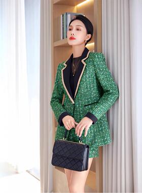 绿色拼接粗呢花小香套收腰冬季女装西亮装领格子XX-NSBL-片单排扣