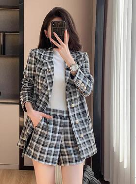 AL851157跨业境秋冬新女格子大衣韩职装中长款版款西装领风衣外套