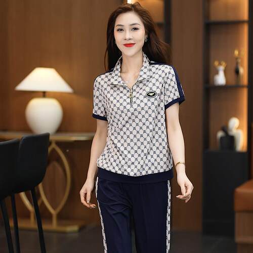 气质运动服套尚装77493202时韩版印花薄款件短袖跑步服休闲两套女