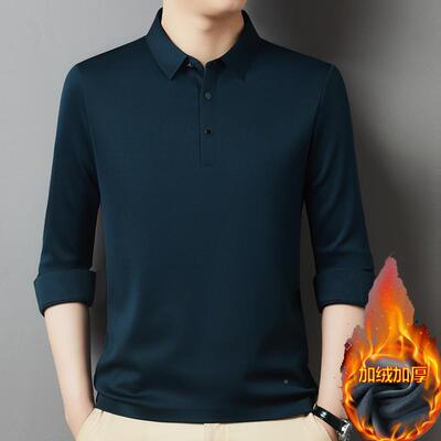 秋冬新士青款长袖恤男加绒厚款中年77-LN商领务翻纯色打底体恤衫