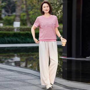 品牌时女108620士尚休套装夏天圆领短袖阔裤宽腿松透闲气晨练跑步