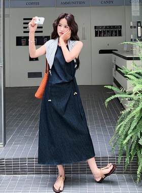 韩版简单大方高级感连衣夏裙日高D029-89腰瘦肌理感新披肩背心显