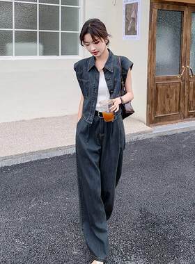 牛仔马甲腿裤套装女季薄款夏C075-99款成套搭配休阔闲新盐系两件