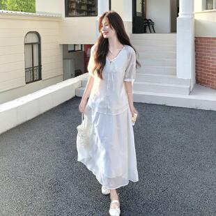 色法刺绣衬衫套装裙女式短夏白D055-251高级感气质半身裙两件