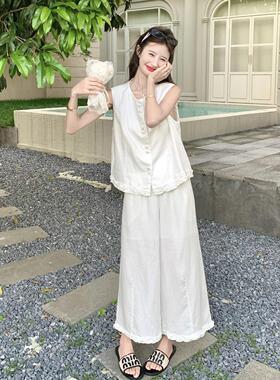 白色木耳边拼接无袖马甲阔腿女裤装质夏套C189-276季韩系简约气一