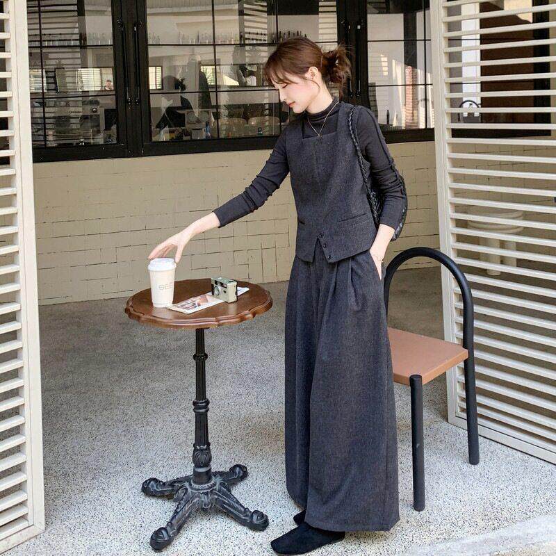 灰色简约大气三C515-280件套女韩秋松季新款系弛感马甲内搭阔裤套