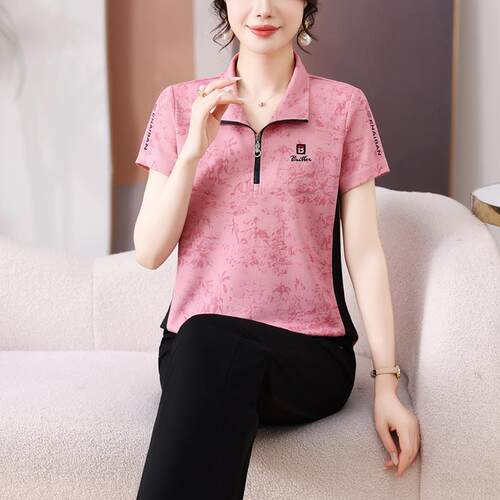 妈妈装10387273印花短袖运套装女立领动拉尚链两气件套时洋显瘦气