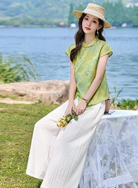 新中衫式套装女夏龄季新气质款ZZI8620Y穿搭印花短袖衬休闲裤两件