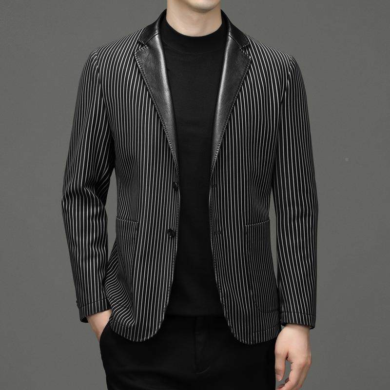 海宁皮男士皮衣真时尚条纹端西装领男式西服高绵羊皮男2227-BB外,男装,皮衣,淘宝优惠券,粉丝福利购,淘宝优惠卷