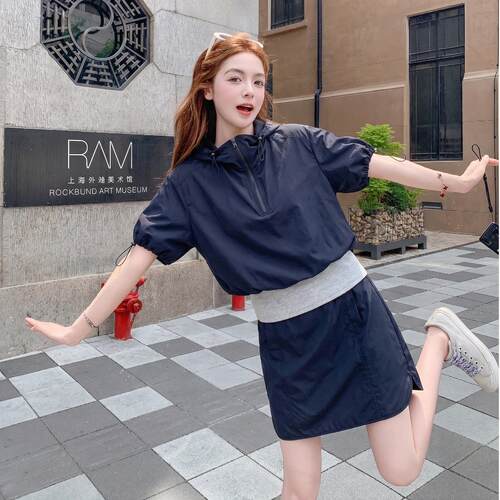 韩系计感假两件连短袖上帽衣套设女夏装季时尚休闲短D055-608裙两