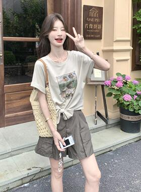 夏日酷飒干练气质套小2B169A-2装女款个子卡短通印花恤裤新两件套