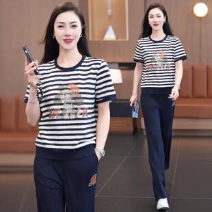 夏条纹卡季通印休套闲运动花装女新款两件套时171-6970尚洋气减龄