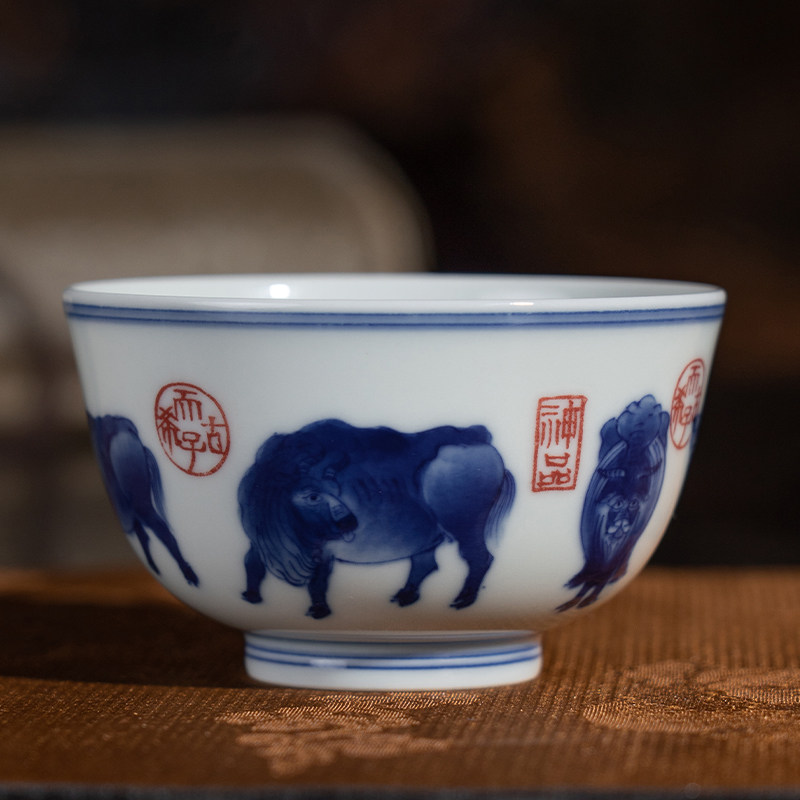 宁封窑柴窑青花五牛杯景德镇陶瓷手绘茶具主人杯品茗单杯
