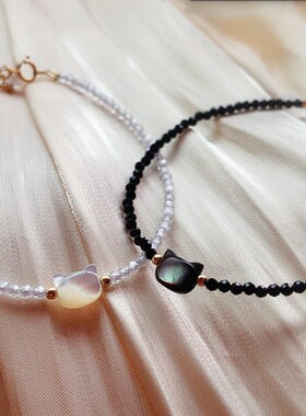 韩国新款黑白色猫咪手链可调节仿天然水晶小珍珠黑尖晶日系小