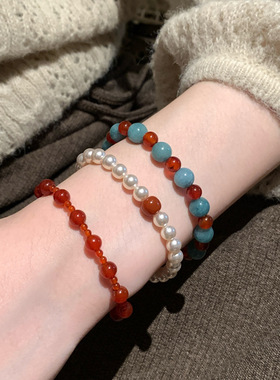 天然红玛瑙复古叠戴手链