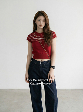 K2 ONLINESTORE复古红色费尔岛印花圆领针织衫女春夏修身百搭上衣