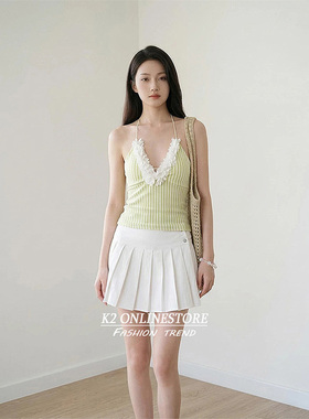 K2 ONLINESTORE 夏日多巴胺条纹拼接花边挂脖吊带女绿色修身上衣