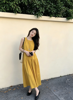 K2 ONLINESTORE 松弛感黄色圆领背心连衣裙女宽松休闲显瘦长裙子
