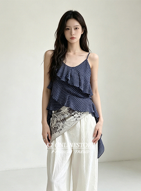 K2 ONLINESTORE 韩系蓝色波点飘带v领吊带背心女夏季休闲百搭上衣