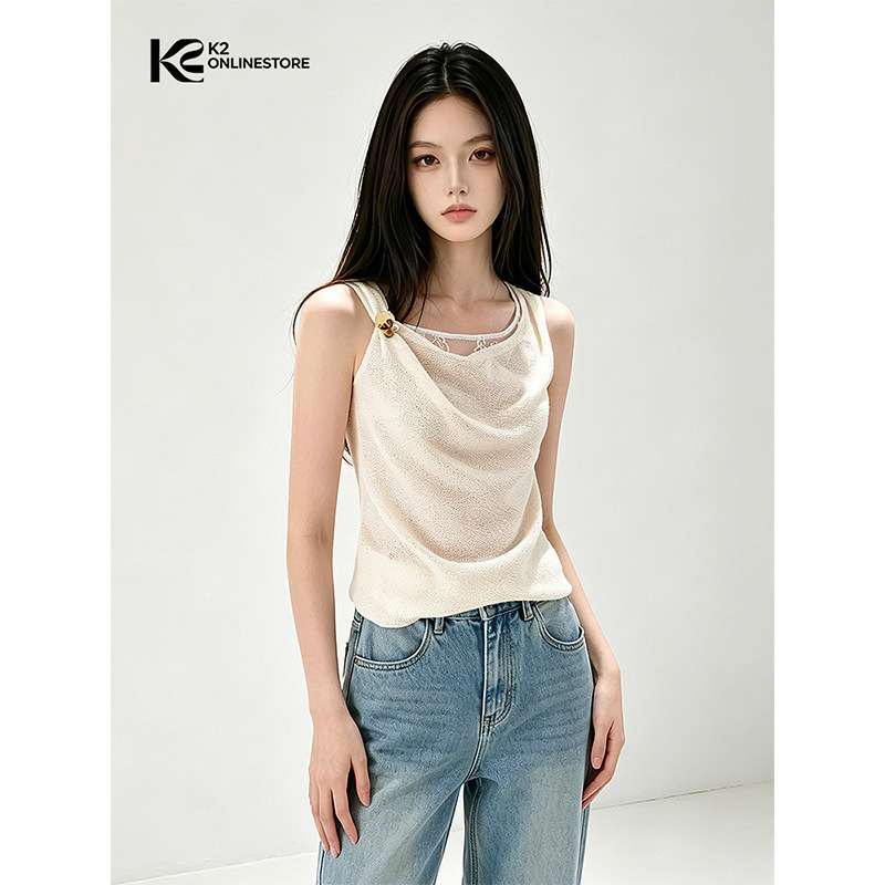 K2 ONLINESTORE法式花朵装饰小荡领吊带背心女高级感气质修身上衣