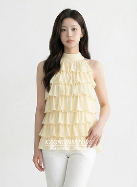 K2 ONLINESTORE 韩系多层荷叶边无袖挂脖背心女黄色减龄显瘦上衣