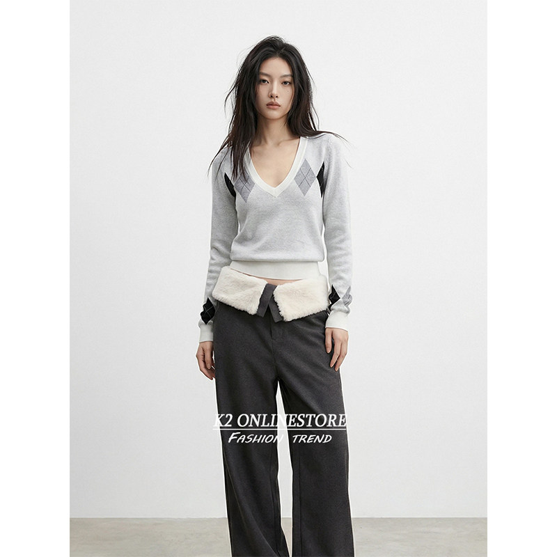K2ONLINESTORE韩系撞色菱格提花v领针织衫女春季小众修身显瘦上衣