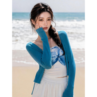 K2 ONLINESTORE时尚简约蓝色系带长袖针织开衫女休闲百搭防嗮罩衫