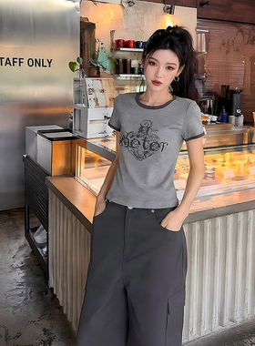K2 ONLINESTORE 美式复古印花撞色圆领短袖T恤女灰色日常百搭上衣