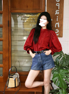 K2 ONLINESTORE 法式红色提花单排扣立领衬衫女宽松休闲百搭上衣