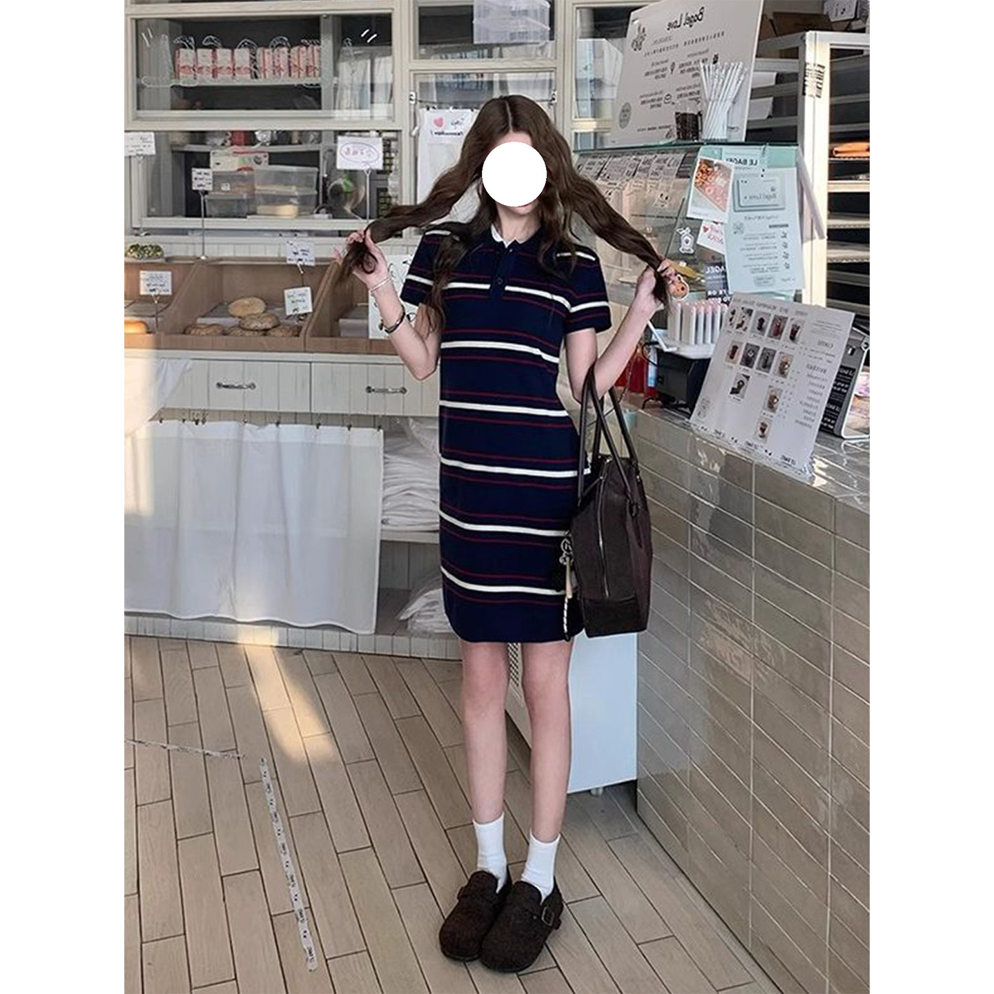 K2 ONLINESTORE 韩系撞色条纹polo领连衣裙女装修身显瘦百搭短裙