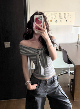 K2 ONLINESTORE 韩系条纹飘带一字露肩背心女装减龄修身显瘦上衣