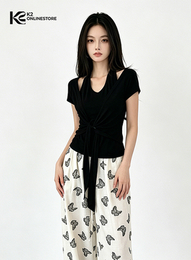K2 ONLINESTORE韩系设计感假两件短袖吊带女黑色修身显瘦百搭上衣